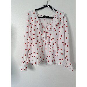 Eloquii Women's Polka Dots White/Red Ruffle V-Neck Long Sleeve Plus Size 24 NWT